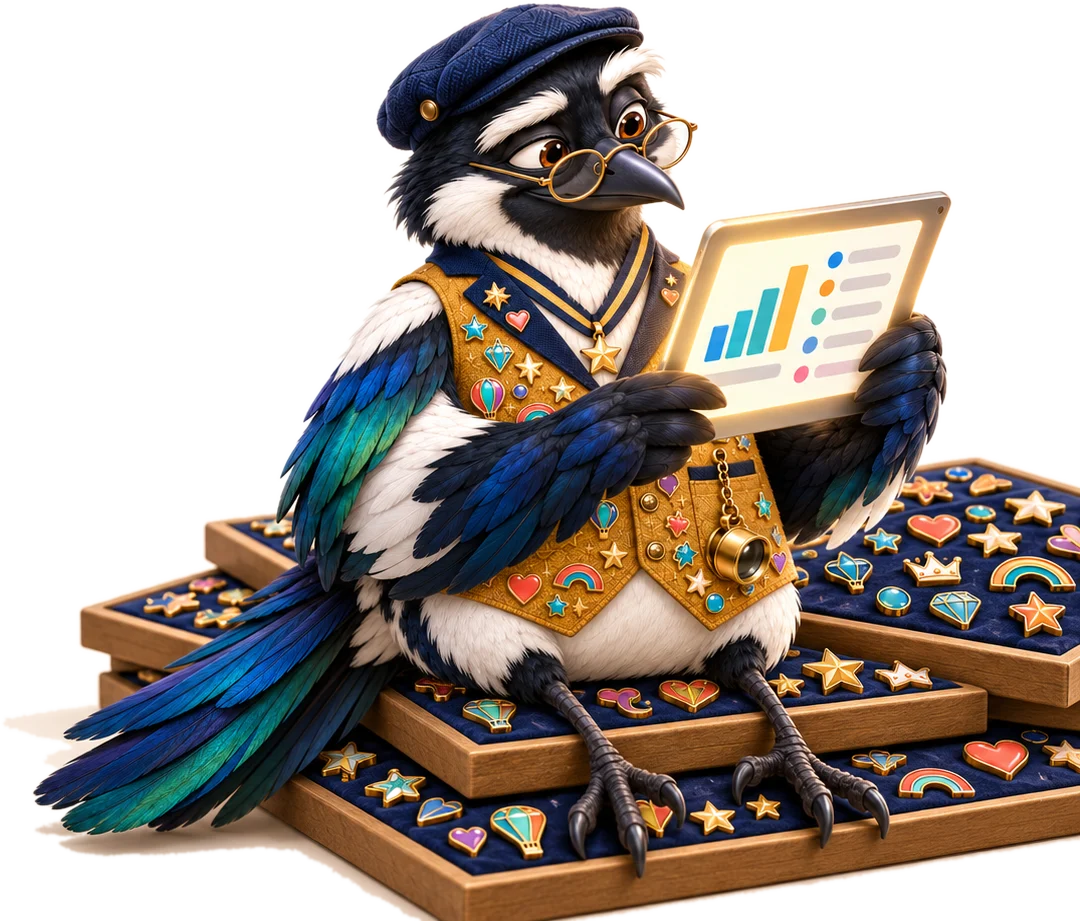 Snag the magpie reading a report on a stack of pin boards